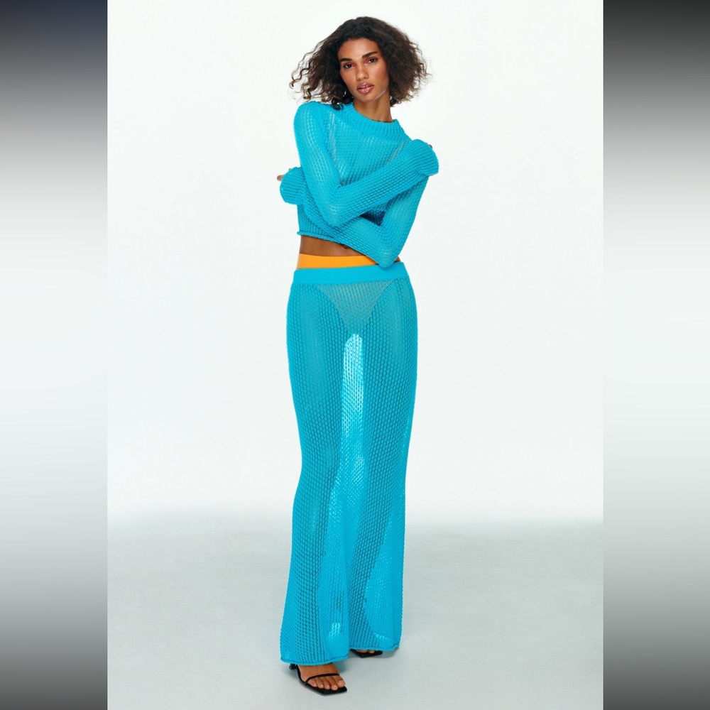 ZARA | Pointelle Turquoise Sweater (M) + Long Skirt (S) Knit Set